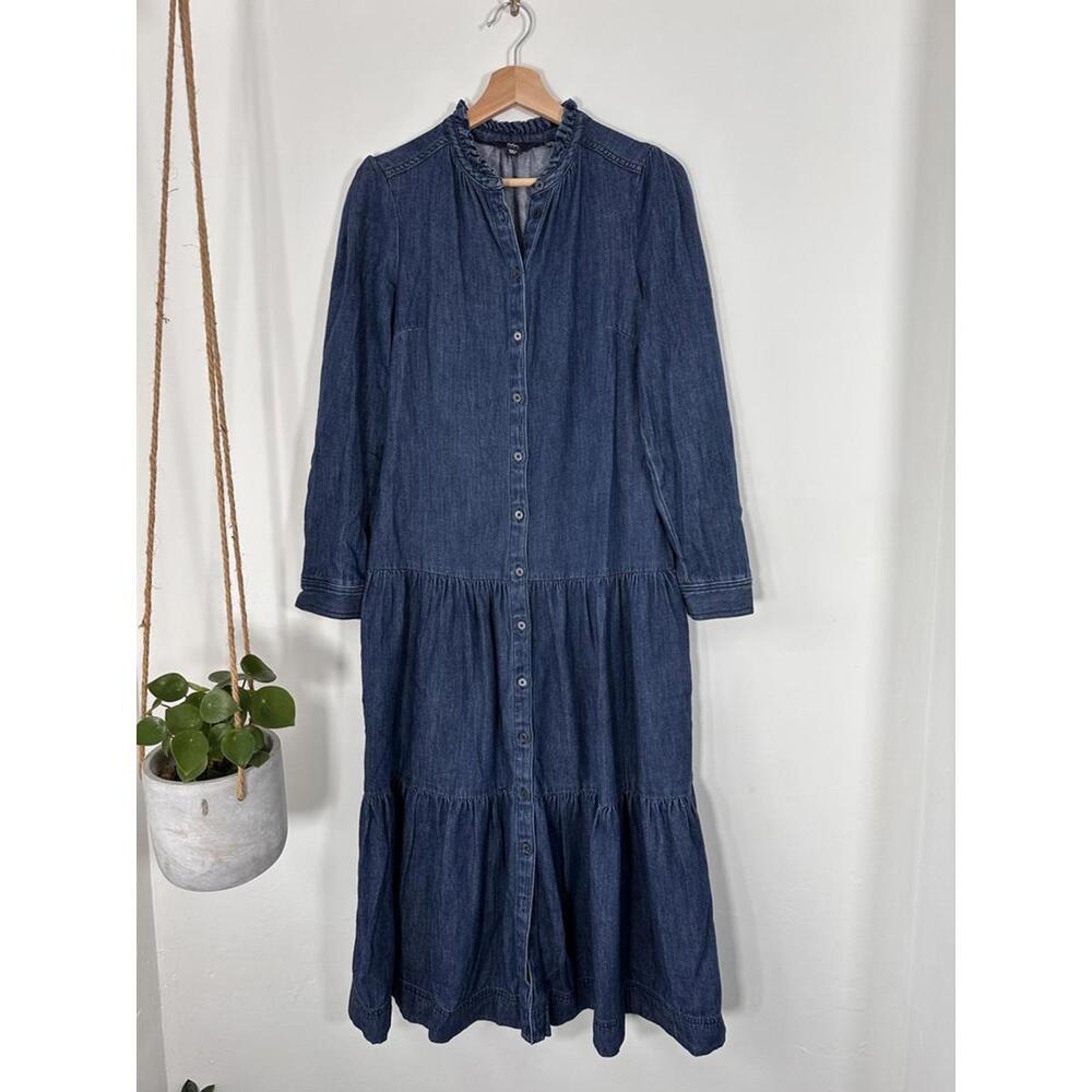 Boden Blue Denim Midi Dress US 6R Ruffle Collar Tiered Button Front